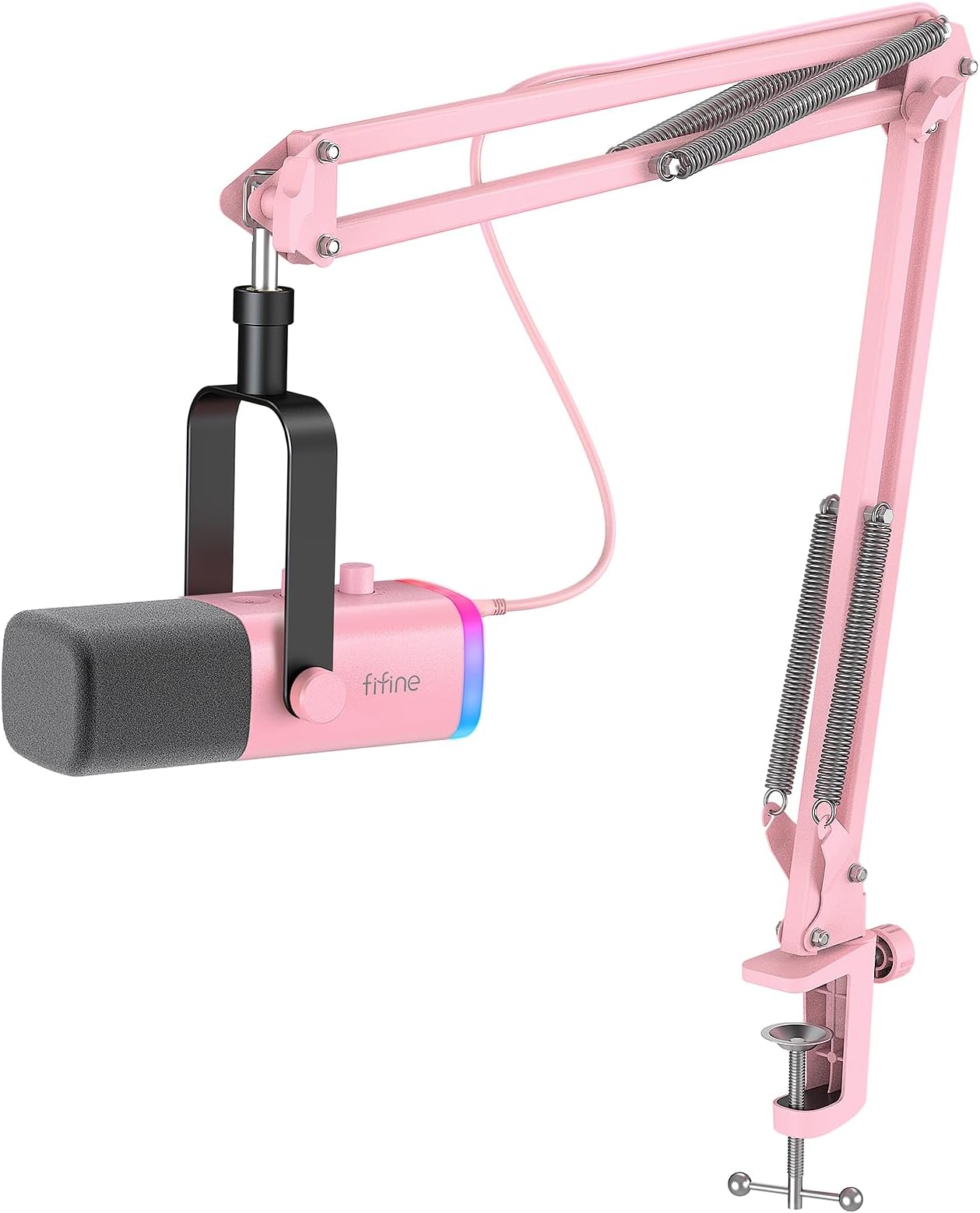 FIFINE XLR Gaming Microphone USB, PC Dynamic Microphone Kit for Vocal, Recording, Podcast, Streaming RGB Mic with Headphone Jack, Mute Button, Boom Arm Stand for Computer/Mixer-AmpliGame AM8T Pink