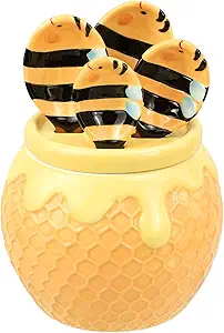 Sizikato 4pcs Porcelain Measuring Spoons with Base, Cute Ceramic Bee Spoons and Honeycomb Cup