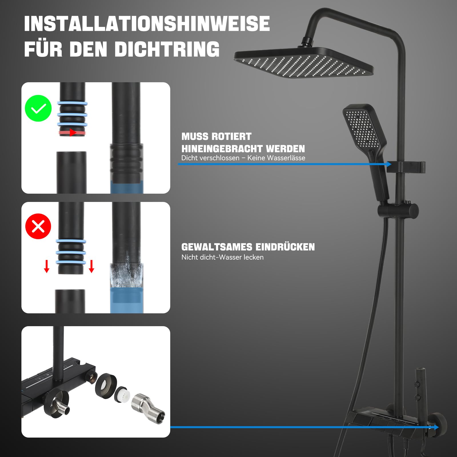 Duschsystem, 4 Strahlarten, Regendusche, Handbrause, Duscharmatur, Wasserhahn, Duschset mit LED-Digitalanzeige, höhenverstellbar, Edelstahl, schwarz