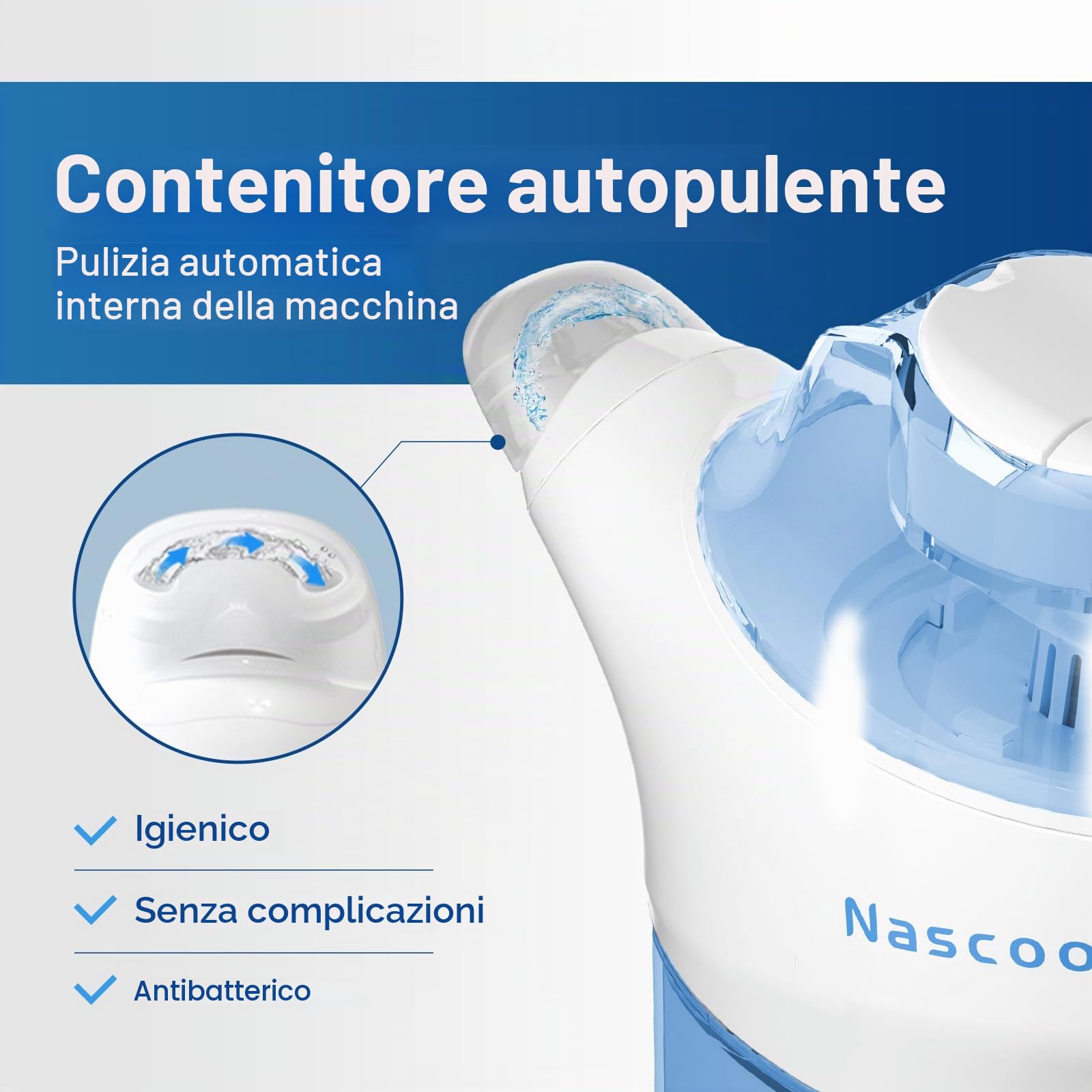 Sistema di irrigazione nasale Nascool, doccia nasale per adulti, macchina elettrica per l'irrigazione del seno Neti Pot per la cura del naso con 50 sali nasali, blu