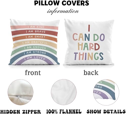 Miniatura 6 de Juego de 2 fundas de almohada con texto en inglés "Rainbow Class", fundas de almohada con texto en inglés "I Can Do Hard Things", fundas de almohada