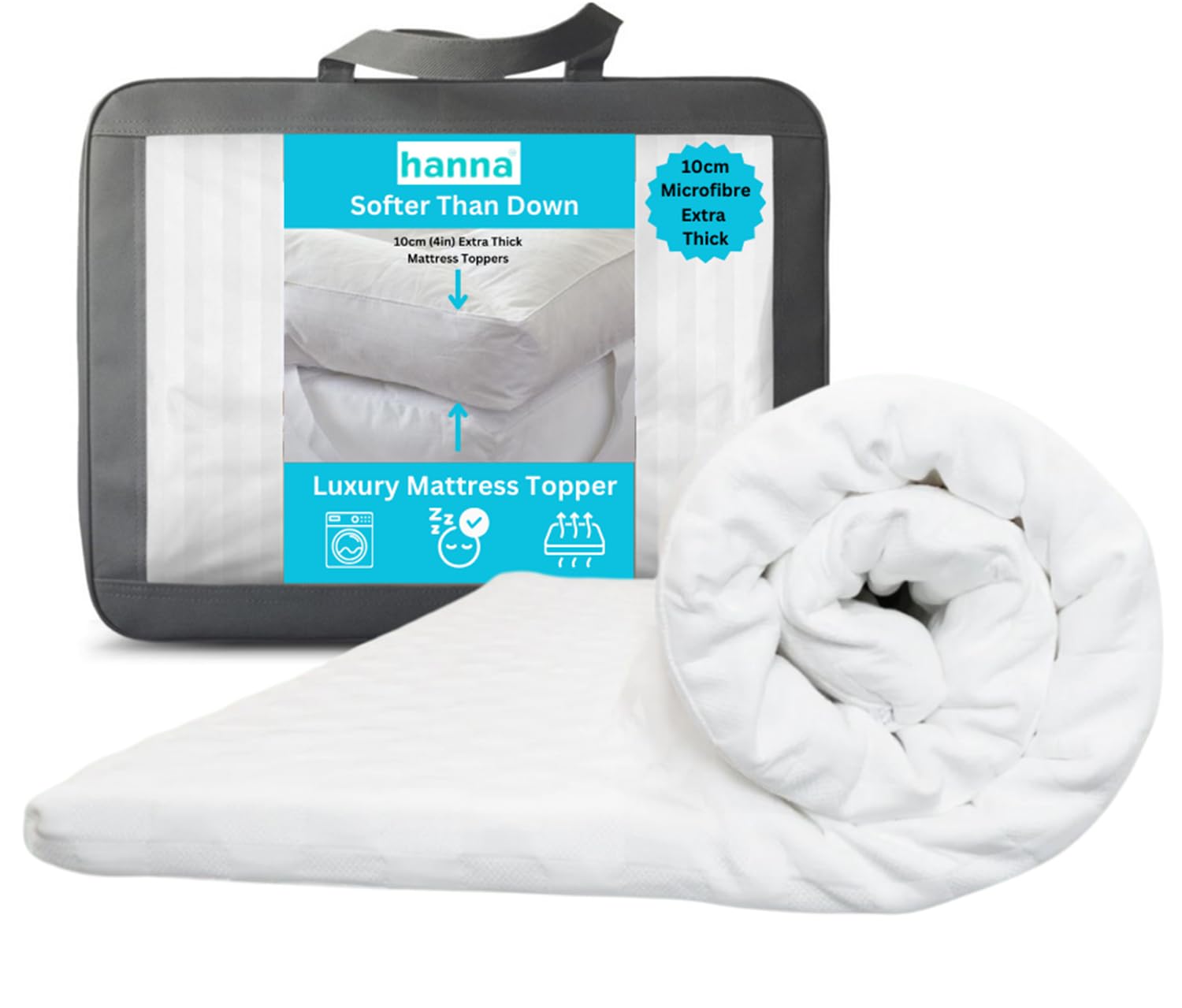 Hanna Softer Than Down 4-Inch Mattress Topper – Extra Thick, Quilted, Super Soft & Breathable Microfibre with Secure Elastic Straps for a Snug Fit (Superking (180x200x10cm))