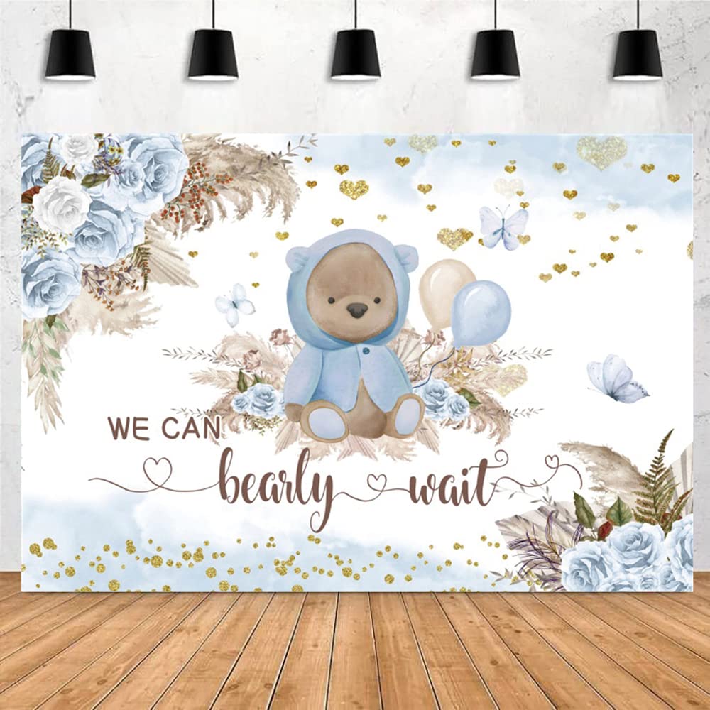 OFILA We Can Bearly Wait Backdrop for Boy's Boho Baby Shower Party Decorations 10x8ft Blue Floral Bohemian Pampas Grass Lovely Bear Baby Shower
