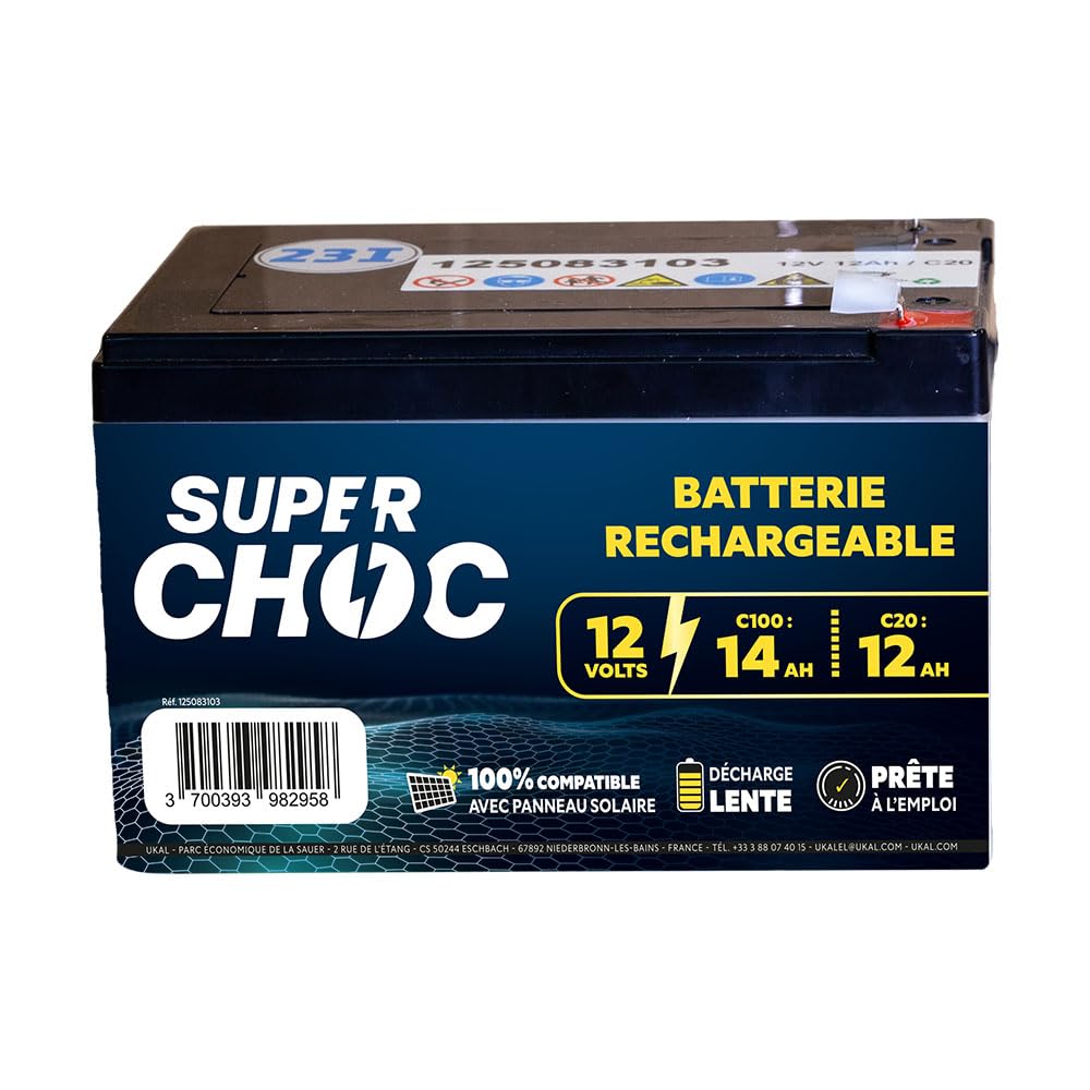 SUPER CHOC - Batterie Rechargeable pour Clôture Électrique - 12 V - Compatible avec Panneau Solaire - Prête à l'Emploi - Décharge Lente - 14 Ah