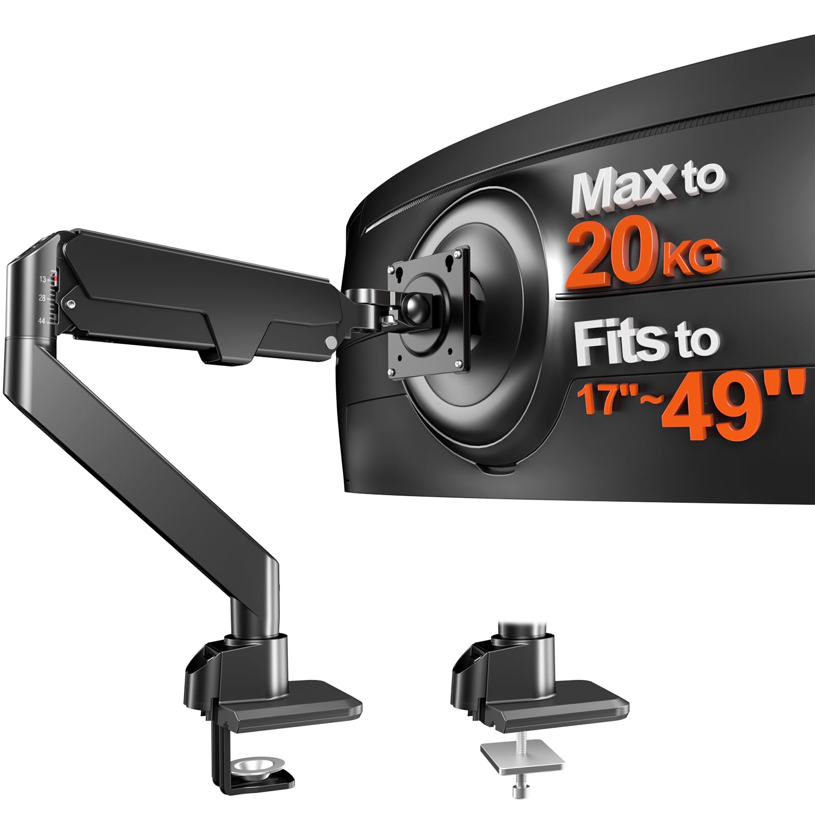 Monitor Halterung 17-49 Zoll für Flat/Curved Monitor, Premium Aluminium Bildschirmhalterung, Neigbar & Schwenkbar, VESA 75/100 mm, Max 20 KG, Ergonomischer Monitor Arm, Schwarz