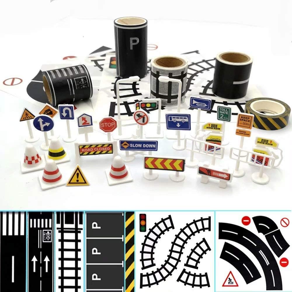 Play Road Tape for Toy Cars & Trains, 3 Rolls of Black Tape, Each 197 inch x 1.9 inch, Includes Traffic Signs, Sticks to Floors and Walls, Easy Cleanup, No Residue, Kids Gift