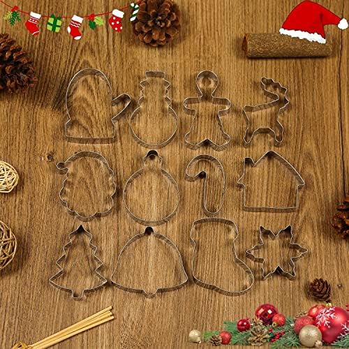 Crethink 12 Pieces Christmas Cookie Cutters Set - Gingerbread Man, Christmas Tree, Snowflake, Snowman, Stocking, Reindeer, House and More Shapes - Stainless Steel Holiday Cookie Cutter for Baking