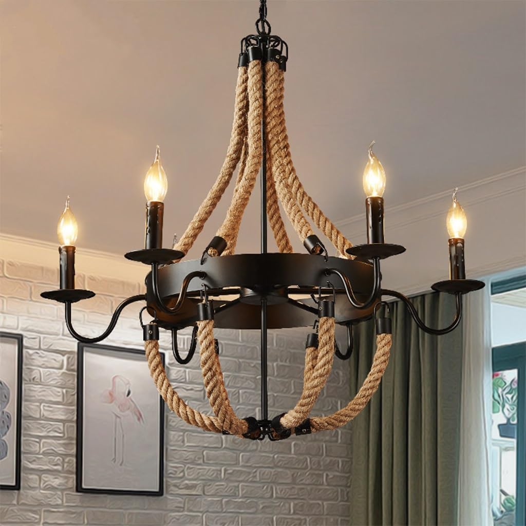 Industrial hemp rope chandelier retro creative retro style light E14 restaurant lighting industrial wrought iron chandelier living room attic bedroom coffee shop suspended ceiling light ( Size : 6 hea