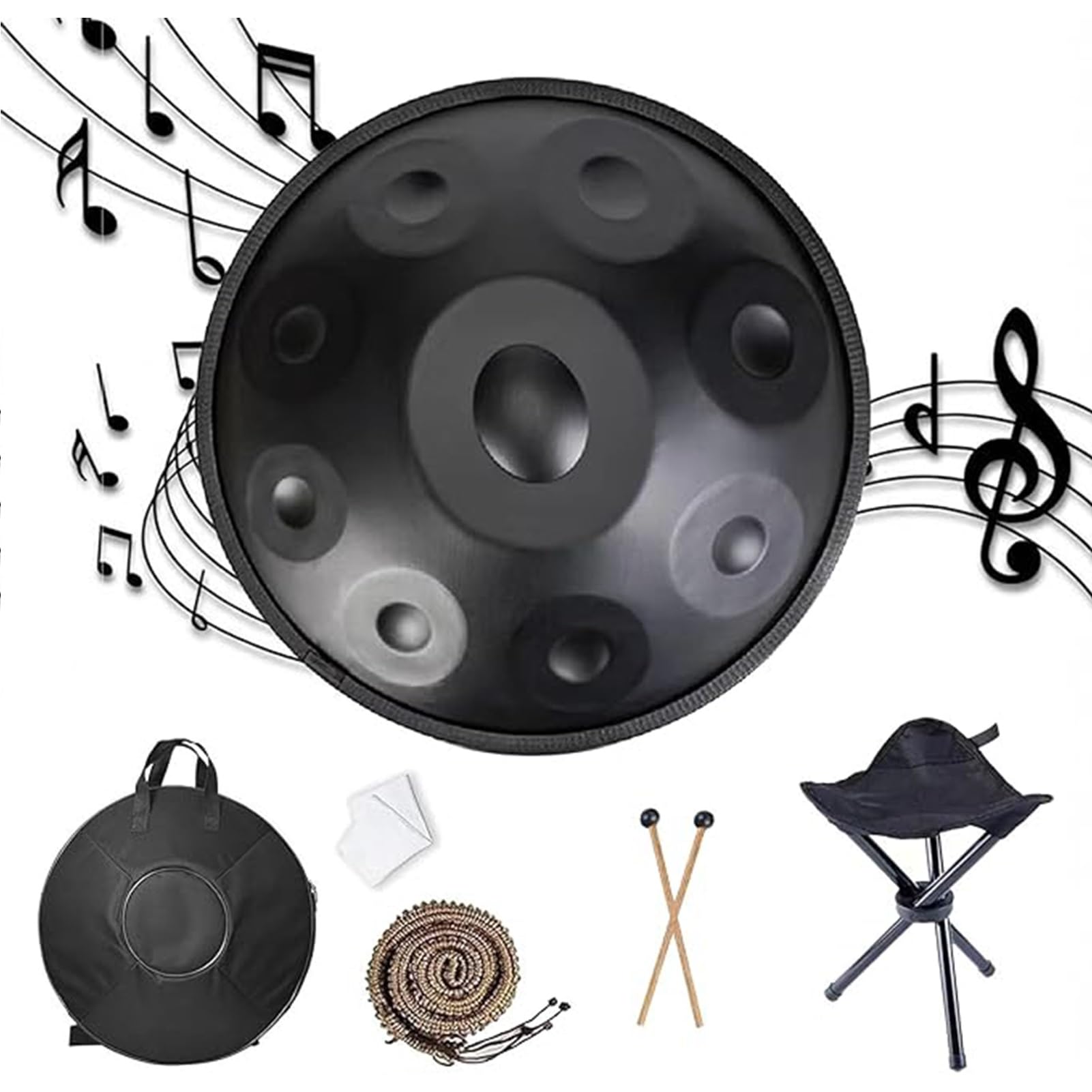 Tamburo Handpan Da 22 Pollici Per Adulti 432Hz/440hz 9/10/12 Note Tamburo Handpan In Acciaio Premium In Re Minore, Set Di Strumenti A Percussione Per La Meditazione(Black,9 notes(440HZ))