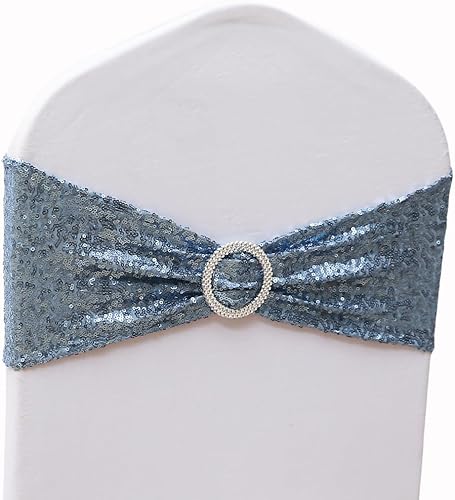 Paquete de 50 bandas de lentejuelas color azul polvoriento para sillas de boda, lazos para fiestas, banquetes, cumpleaños, eventos al aire libre,