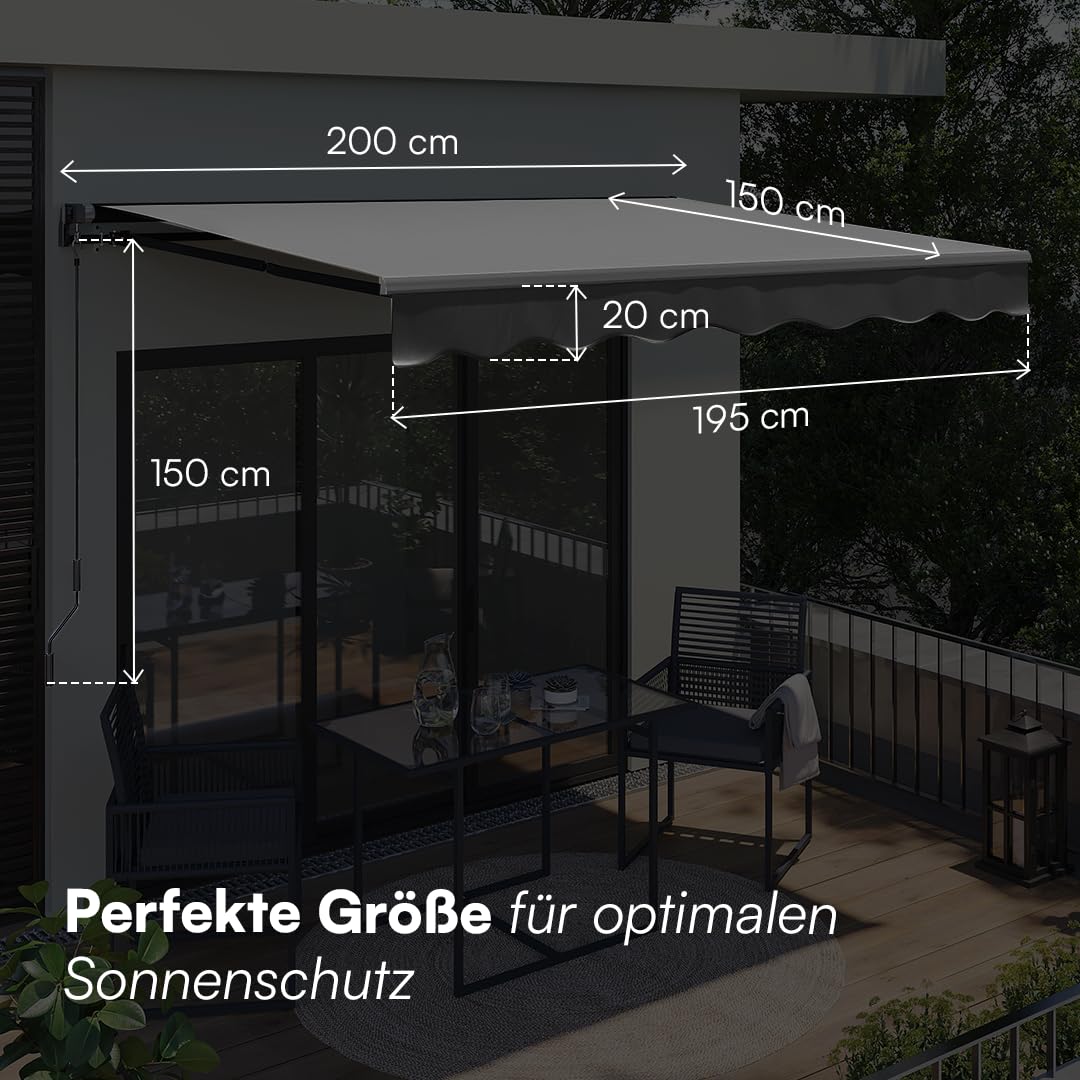 STEELSØN Kestria Markise für Balkon/Dachterrasse/Garten 200x150 cm – Gelenkarmmarkise Blickdicht & wetterfest – Außenrollo mit Kurbel aus Kunststoffgewebe – Sonnenmarkise mit Wandhalterung Anthrazit