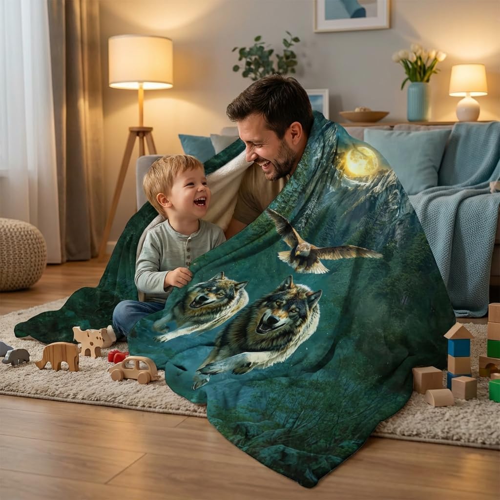 Wolf Blanket for Kids 50"x 60", Dark Green Forest Mountain Eagle Throw Blanket, Wolf Gifts for Women Men, Soft Cozy Lightweight Flannel Throws Blankets for Couch Bed Sofa Chair Decor - Image 3