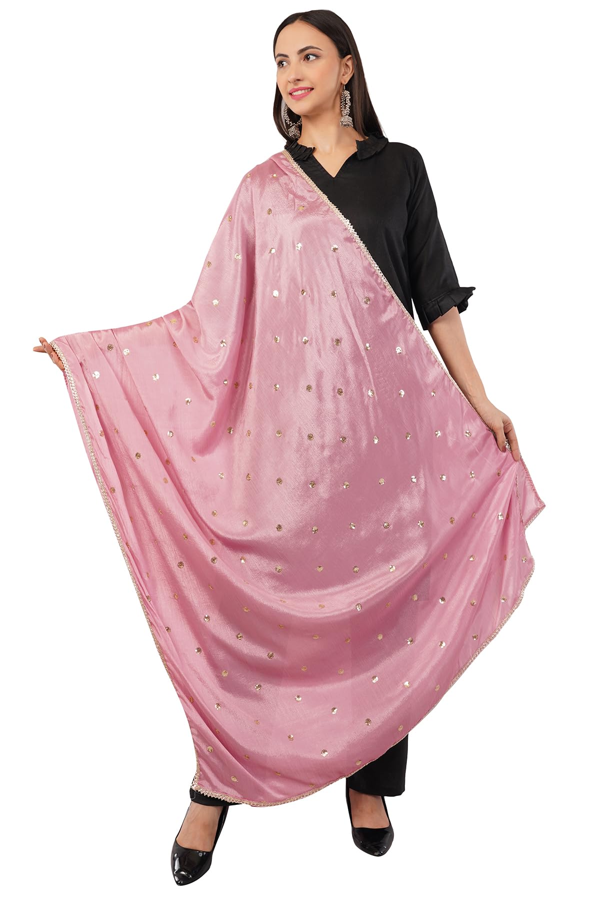 Onion Pink Chinnon Sequins Butti Dupatta for Women | Soft Festive Bridal Wedding Chunni | Best for Kurti, Salwar Suit, Ethnic And Casual Wear-image-29