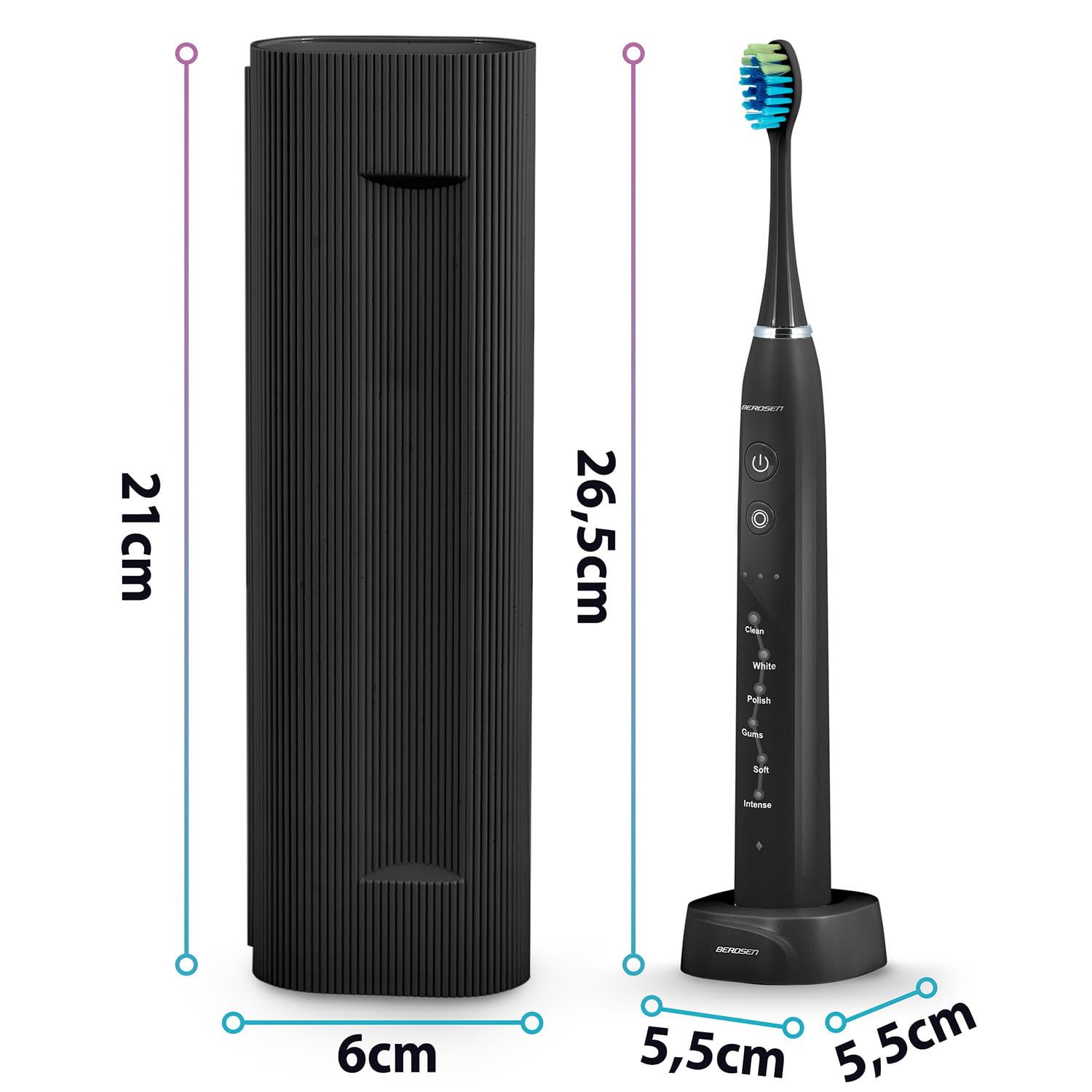 Berdsen Cepillo de dientes eléctrico - Paquete doble - Cepillos de dientes sónicos - 6 modos de cepillado - 3 niveles de intensidad - 6 cabezales - negro - blanco