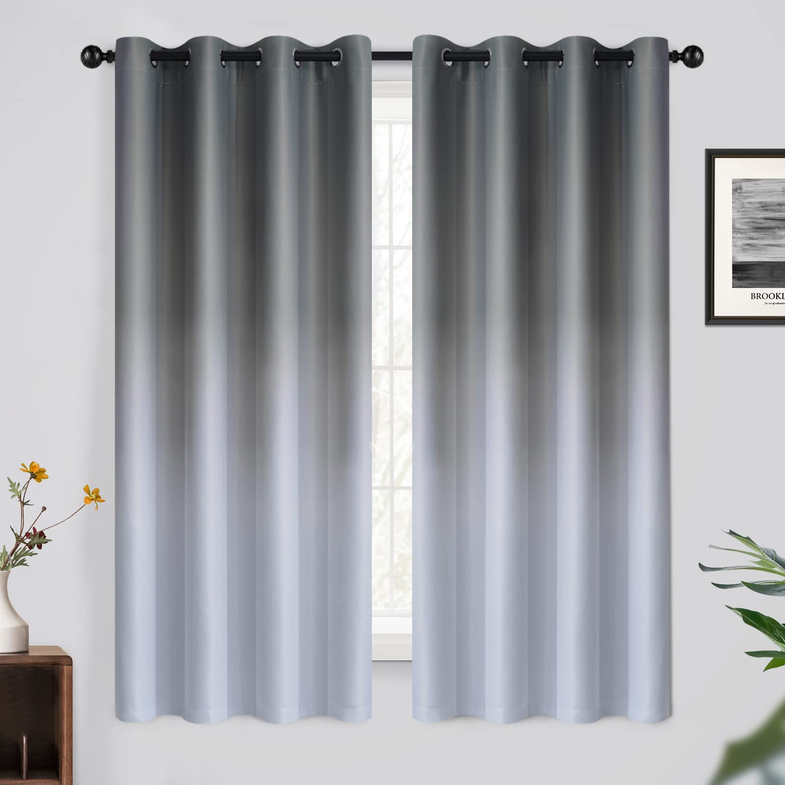 Yakamok Light Blocking Gradient Color Curtains Grey Ombre Blackout Curtains Room Darkening Thermal Insulated Grommet Window Drapes for Living Room/Bedroom (Grey, 52W x 63L / 2 Panels) โ image 1
