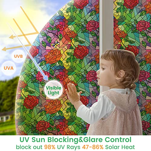 Dktie Window Privacy Film Static Cling Rose Window Sticker Bathroom Glass Window Decals Non Adhesive For Home Windows 17.7" X 78.7" #TOP3
