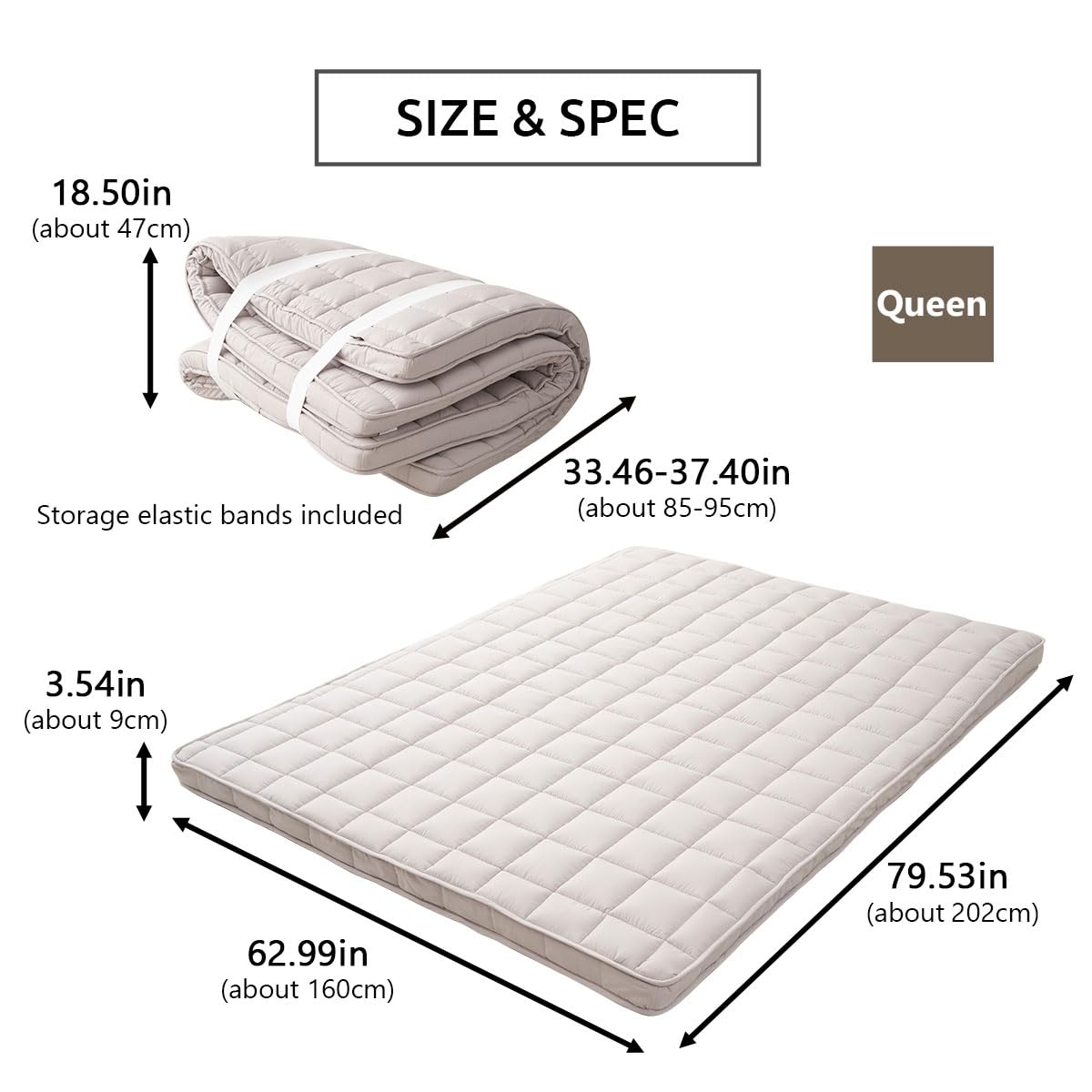 EMOOR Matelas Futon Rembourré Japonais Machi 160 x 202 cm Gris, Stockable Pliable avec Bandes Élastiques Soufflet Lit D'invité Sol Couchage Tatami