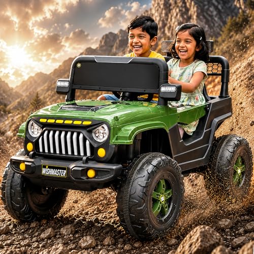 Image of Wishmaster Army Green 4x2 Electric Ride-On Jeep for Kids - Big Wheels, Sinlge Seat, Music & LED Lights | Off-Road Adventure Car