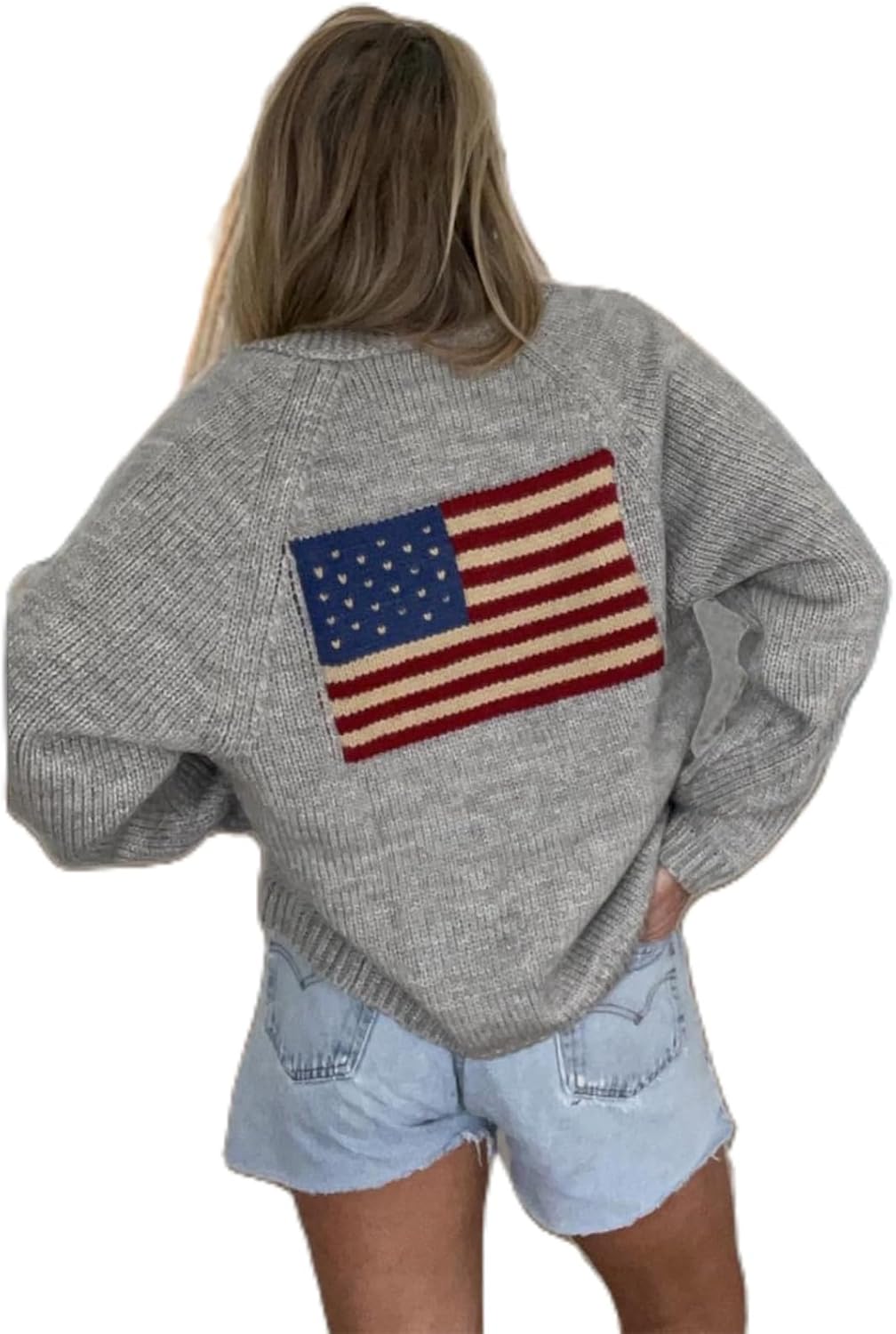 Fourth of July American Flag Knit Sweater Cardigan for Women Y2k USA Patriotic Vintage Knitwear Cardigans.