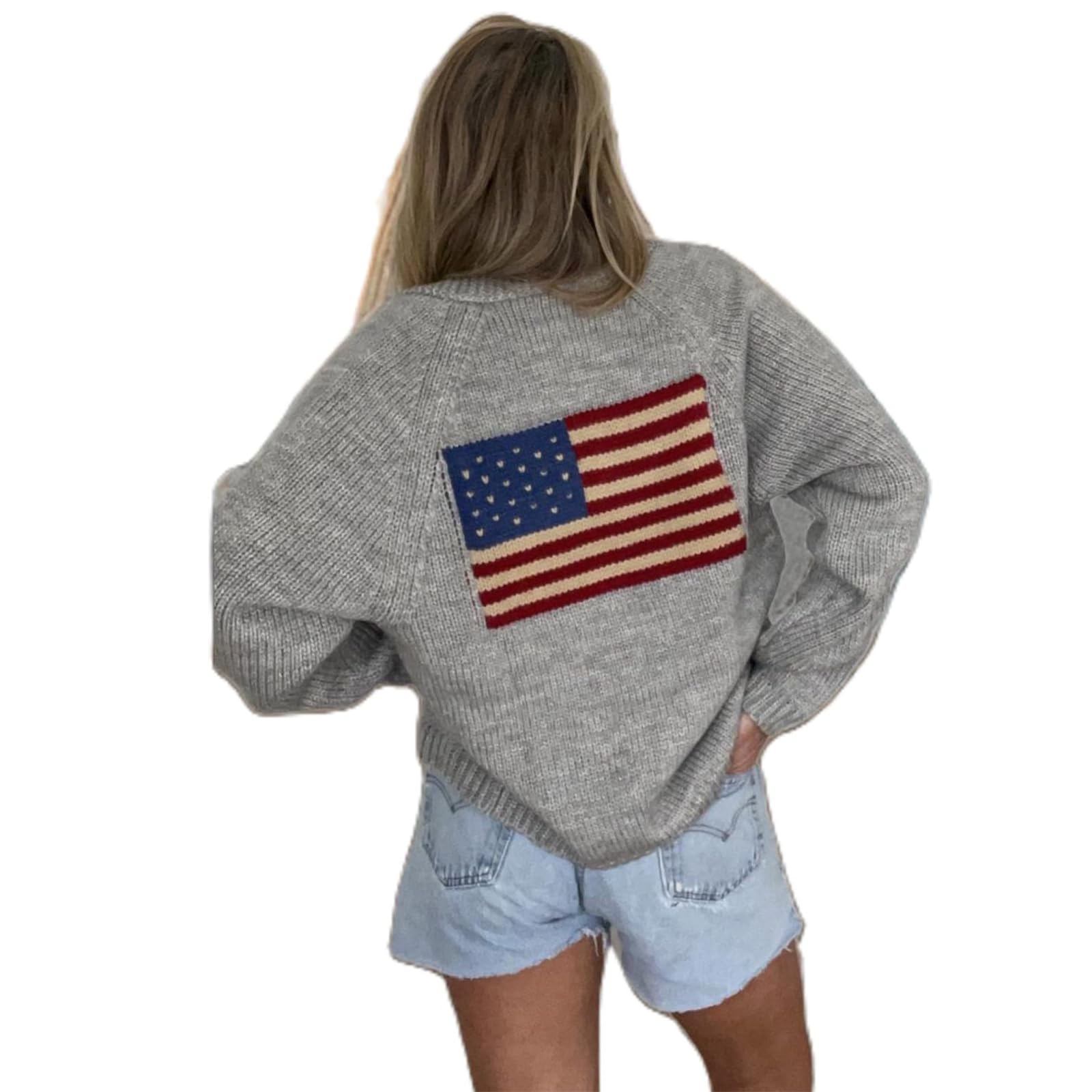 Fourth of July American Flag Knit Sweater Cardigan for Women Y2k USA Patriotic Vintage Knitwear Cardigans.