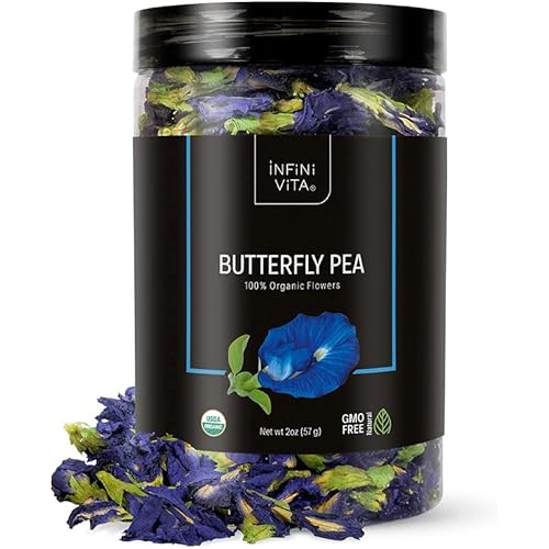 Infini Vita Dried Butterfly Pea Flower Tea 56g (2 oz) - 100% Organic Blue Tea, Pure, Non-GMO, Gluten Free - Natural Energy Booster and Relaxing Beverage