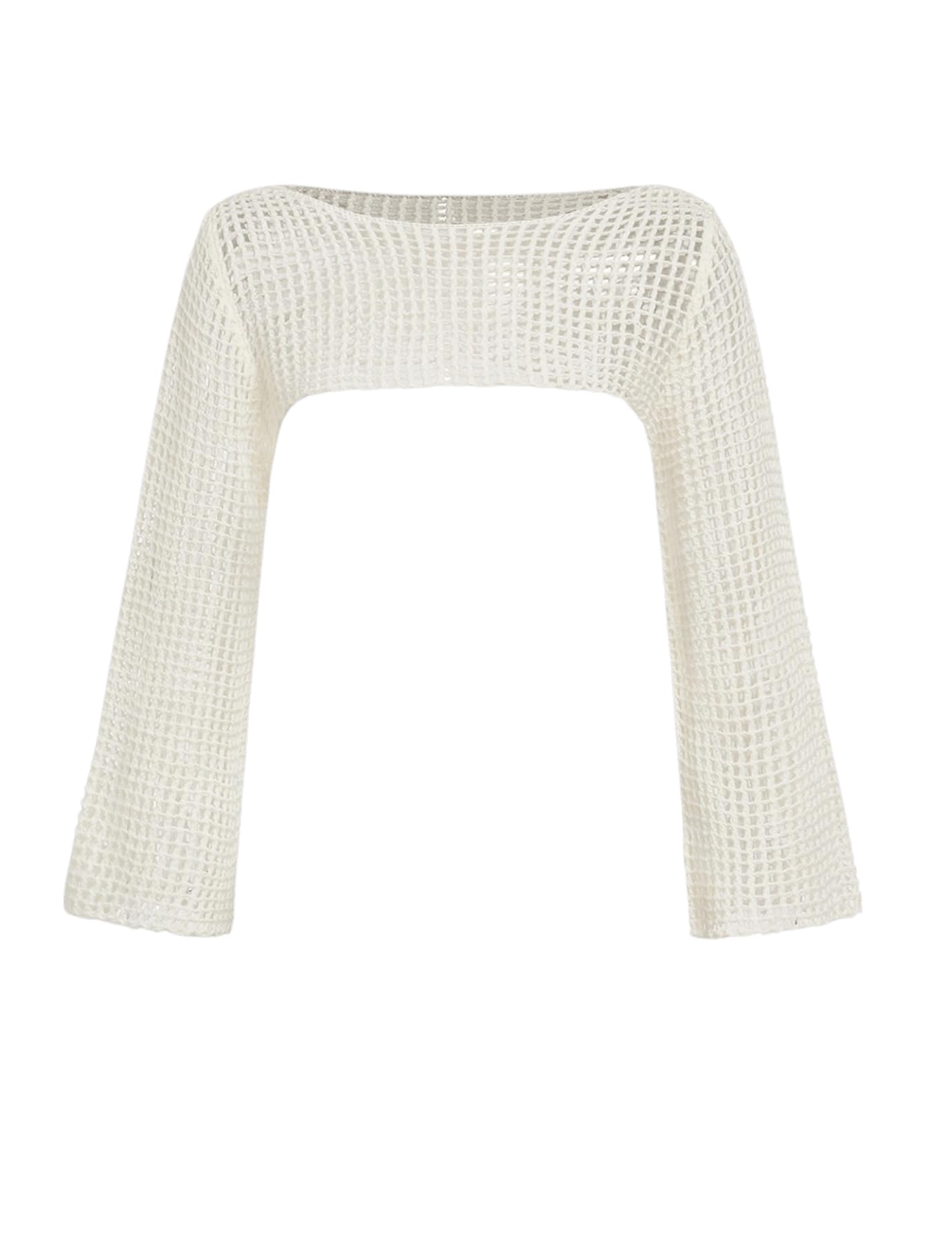 RoseSeek Girl's Hollow Out Crochet Knit Crop Sweater Long Flare Sleeve Boat Neck Sheer Pullovers Knitwear