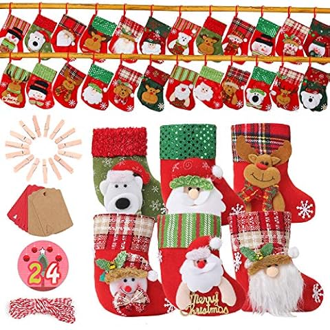 EKKONG Adventskalender zum Befüllen, 24 Adventskalender Tüten, Weihnachsstrumpf mit 24 Adventszahlen Aufkleber für Weihnachten zum Basteln und Verzieren Cover
