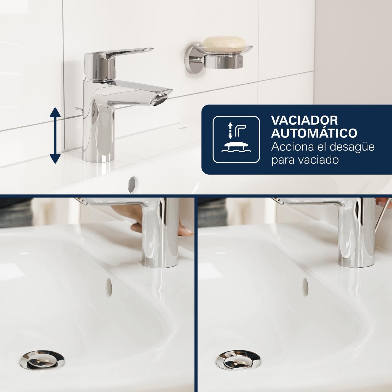GROHE Dice Grifo Monomando de Lavabo S con Vacío Automático (Cartucho Cerámico 28 mm, Ahorro de Agua, Conexiones 3/8", Fácil de Instalar QuickTool Incluido), Cromado, 1018560000