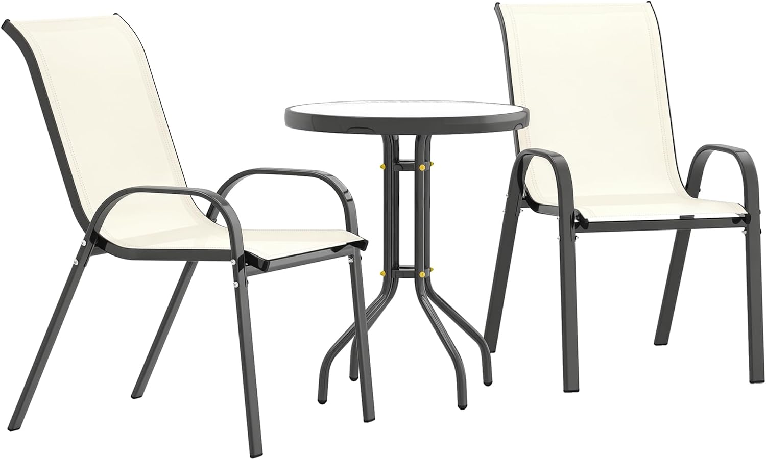 Outsunny 3 Pieces Outdoor Bistro Set, Small Patio Set with Stackable Mesh Chairs and Glass Top Table, High Back Patio Furniture Set for Backyard, Balcony, Garden, Beige