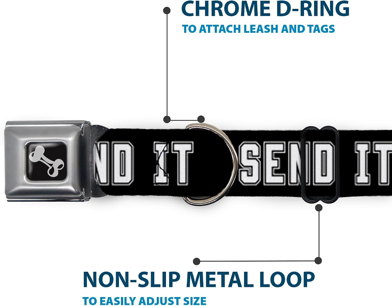 Dog Collar Seatbelt Buckle Send It Black White 18 to 32 Inches 1.5 Inch Wide