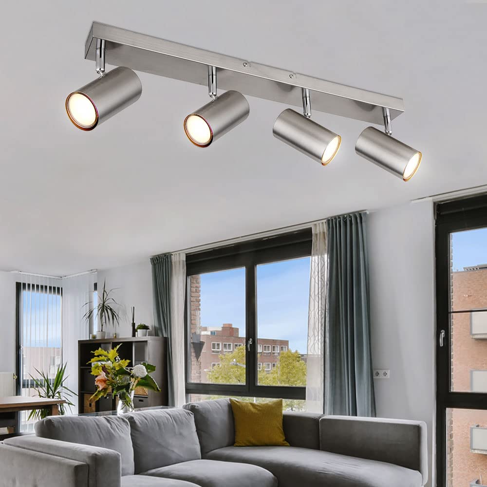 Deckenstrahler 4 Flammig silber Deckenleuchte 4 Flammig GU10 Deckenlampe Wohnzimmer Modern, schwenkbar, Metall, 4x GU10, LxBxH 56x6x12 cm