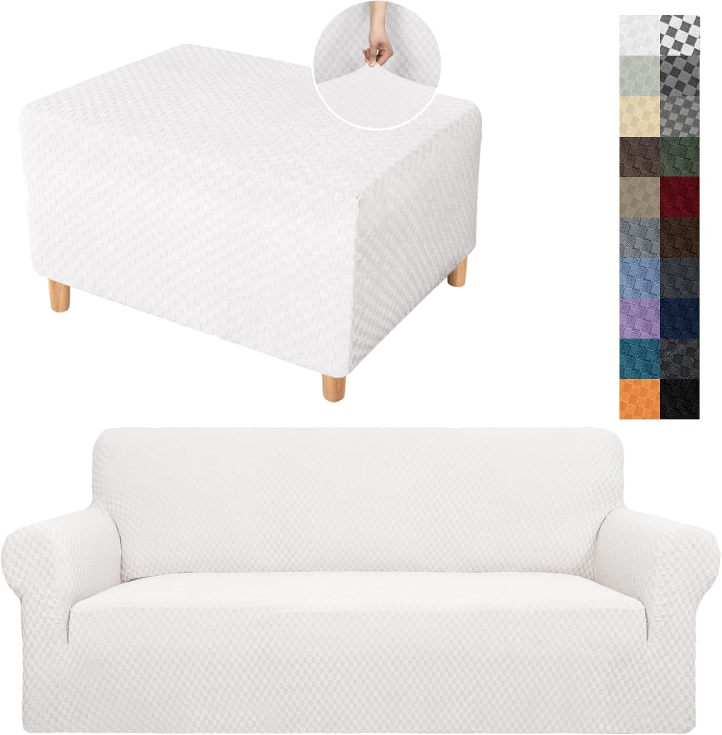 YEMYHOM Small Size Ottoman Cover + 1 Piece Extra Large Size Sofa Slipcover (White)