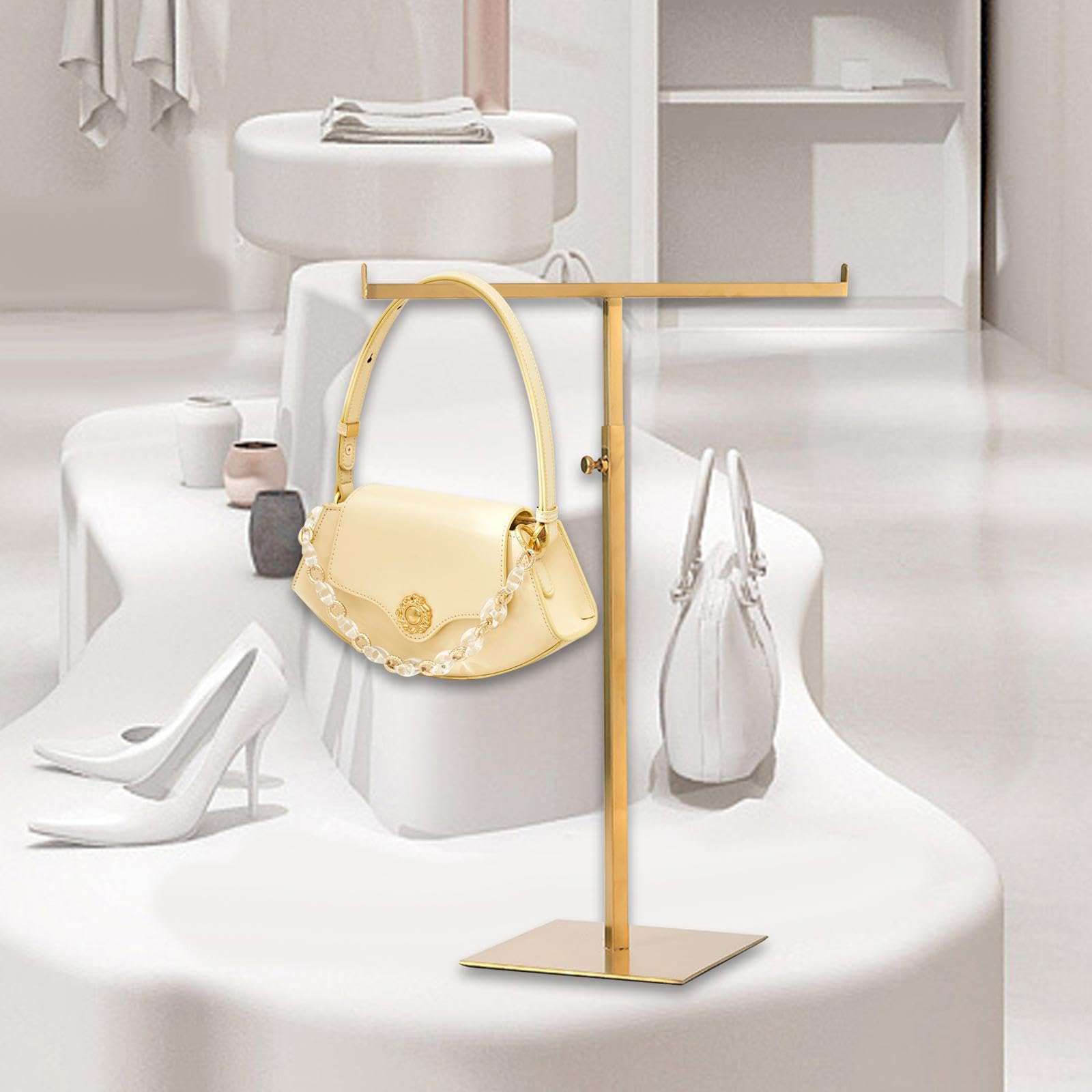 Exhibidor para Bolsos Soporte de Exhibición para Bolsos Gancho Doble Regulable Organizador de Collares Acero Resistente Adecuado para Boutique Hogar, Oro Cepillado, Individual