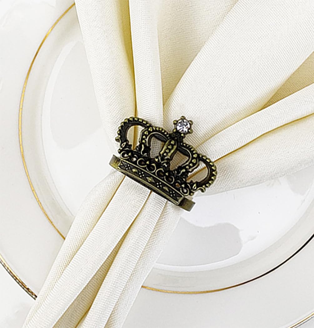 Fennco Styles Gorgeous Crown Metal Jeweled Napkin Rings, Set of 4 - Bronze Plated Napkin Holders for Home Decor, Dining Table, Banquets, Family Gathering and Special Occasions