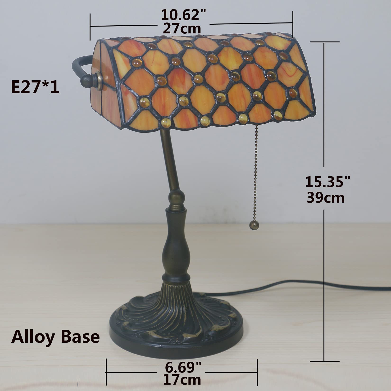 (17 Variation Tiffany Bankiers Tischlampe, Buntglaslampe, Kristallperlen Schreibtischlampe, Studienschlafzimmer Nachts Leselampe,Orange Yellow Glass Bead Shade