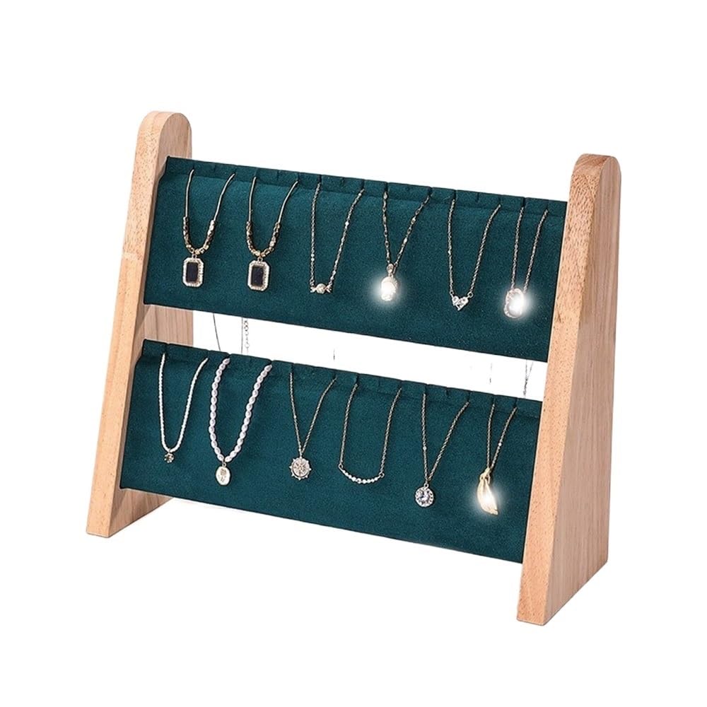 FAJNUZI2024 Jewellery Display Stand 2-Tier Wooden Jewelry Display Stand with Velvet Layer for Necklaces Earrings Bracelets(Green)