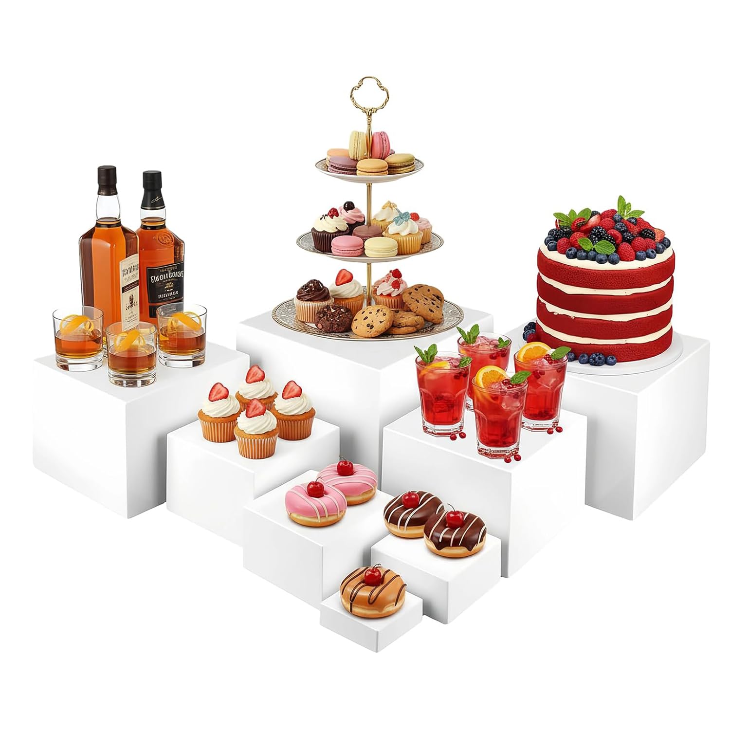 8 Pz Alzate di Display in Acrilico, Espositore da Buffet per Aperitivo, 3" -10" Supporto Cubico Annidabile Bianco per Torte, Dessert, Gioielli, Alzatine per Allestimenti
