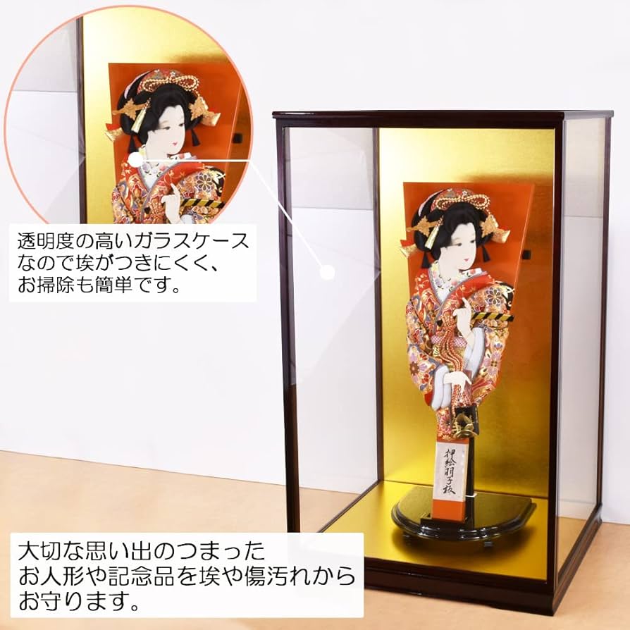 40-6 ガラスケース 朱塗枠 高約64㌢ 幅約45㌢ 奥行約38㌢ ポーズ人形