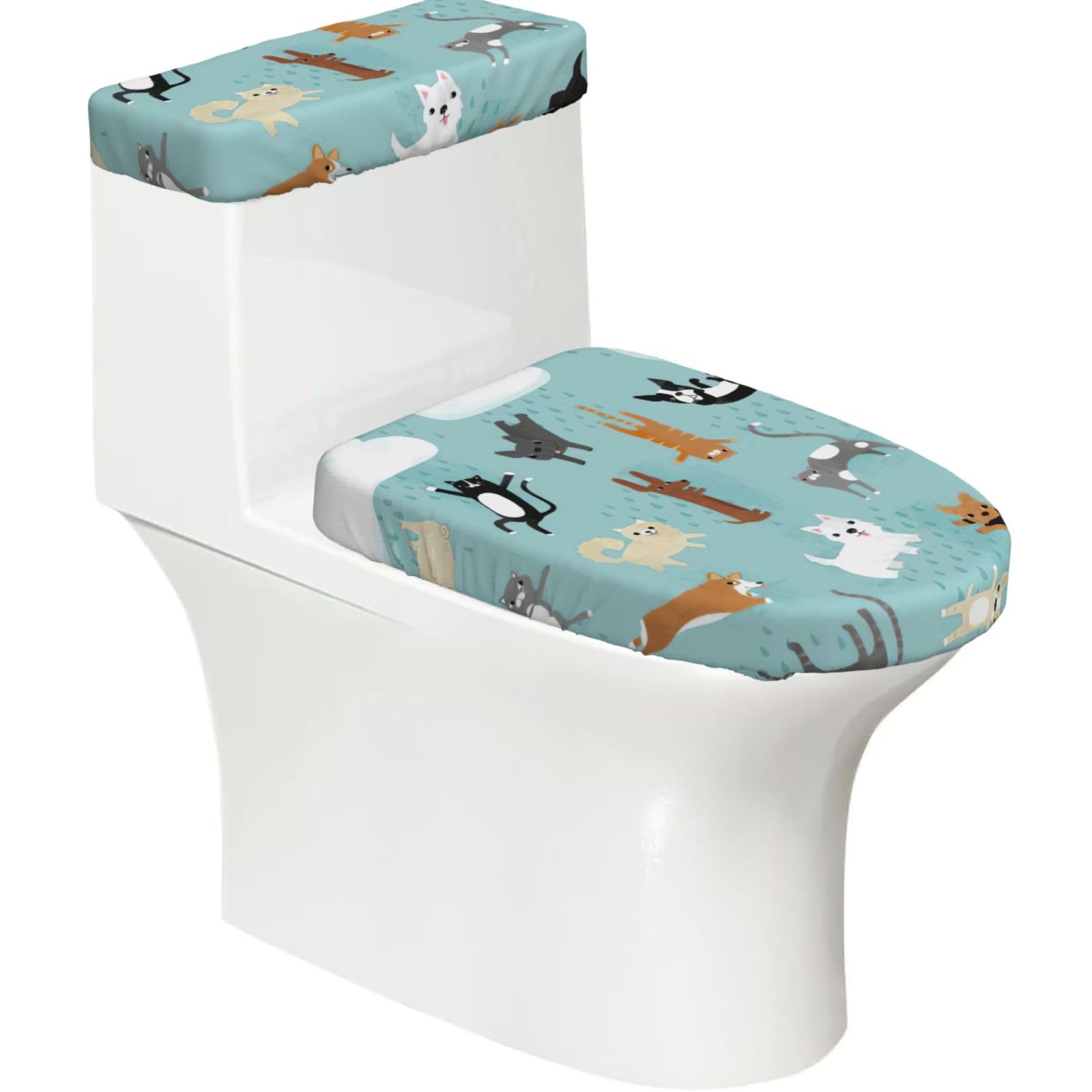 Raining Cats & Dogs Print 2-Piece Stretch Toilet Cover Set, Elastic Breathable Toilet Seat and Tank Lid Protector