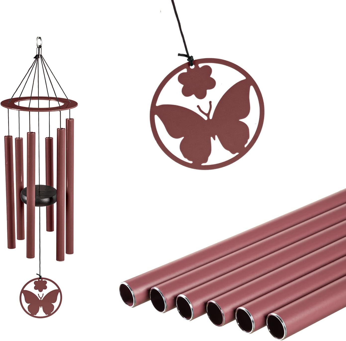 Evergreen Hand Tuned Butterfly Wind Chime for Outside | Scale of C | Deep Tone | Powder-Coated Metal | Red | 27-Inches Tall | Memorial Gift for Home Garden Decoration