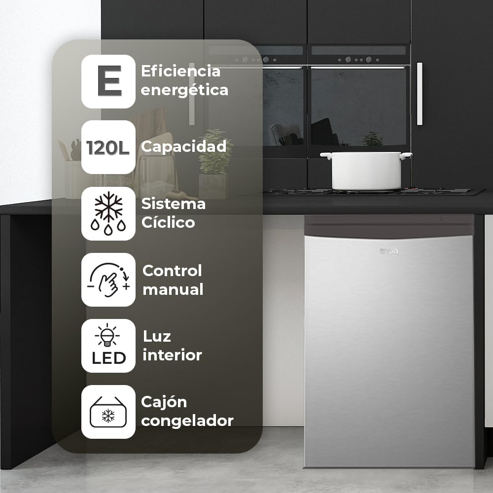 SVAN Frigorífico Refrigerador Inox SR855500ECX. Capacidad 120 Litros, Puerta Reversible, Bajo Nivel Sonoro, Eficiencia Energética Clase E