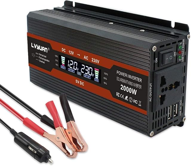 Cantonape 1000W/2000W Power Inverter DC 12V to 230V 240V AC Car Converter 12V Inverter with 12v Cigarette Lighter with 2 USB and universal Sockets Car Adapter With LCD Display