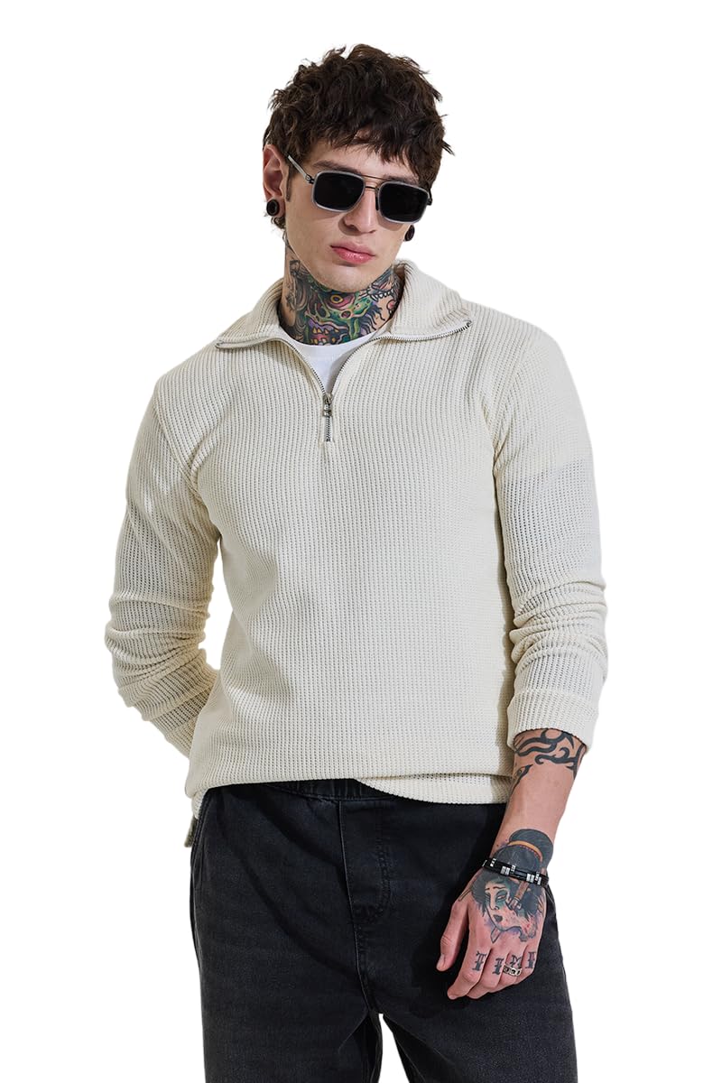 SNITCH Men T-Shirt | Slim Fit Corduroy T-Shirt with Zip Collar | 100% Polyester, Machine Washable, Soft Texture, Long Sleeve, Textured, Woven, Core Fashion, Straight Hem, Unlined, No Hood, No Pockets in neutral