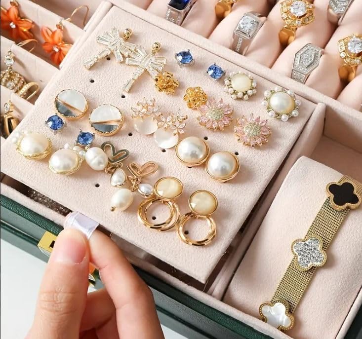 Image of Velvet Three Layer New Vintage Flannel Jewelry Box Earrings Earrings Rings Necklace Bracelets Jewelry Organiser Storage Case With Drawer For Girls Women Dark Green (AB-03)