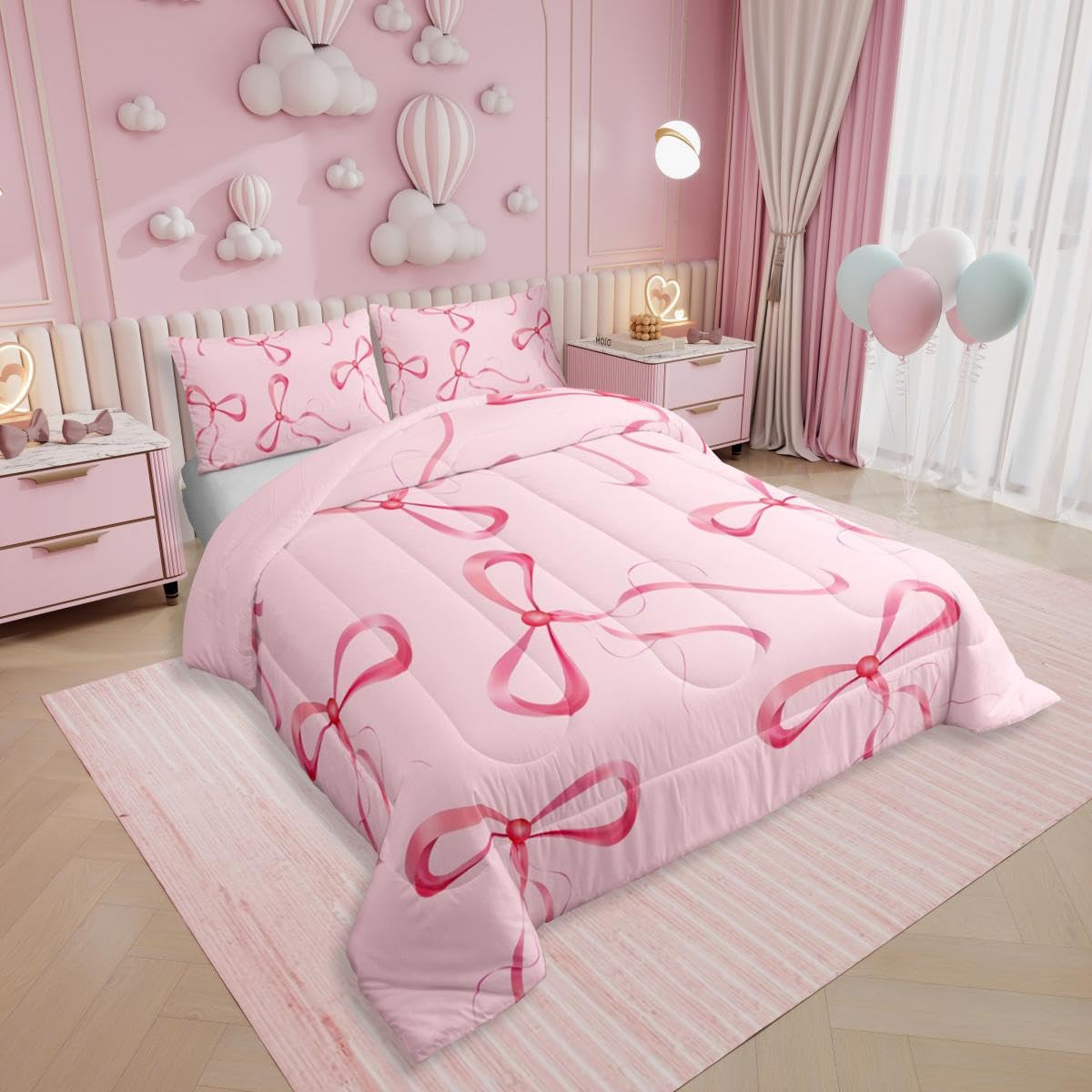 Erosebridal Pink Bow Bedding Set King Cute Kawaii Bow Comforter Set for Girls Kids Teen Women,Dreamy Princess Bowknot Comforter Girly Coquette Ribbon Butterfly Knot Quilt with 2 Pillow Cases