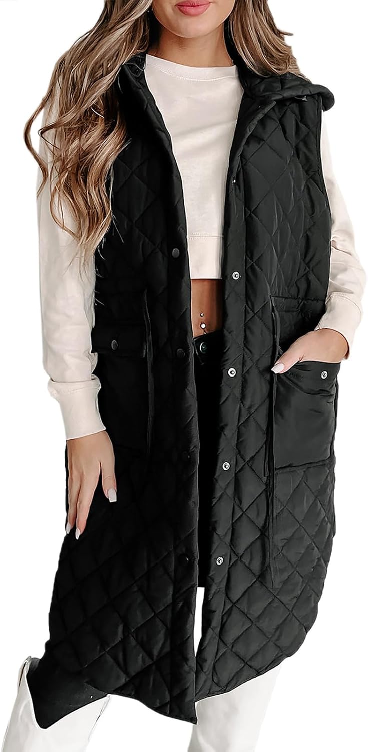 Tankaneo Women's Long Puffer Vest Sleeveless Hood Quilted Winter Outwear Warm Jackets Coats - Image 4