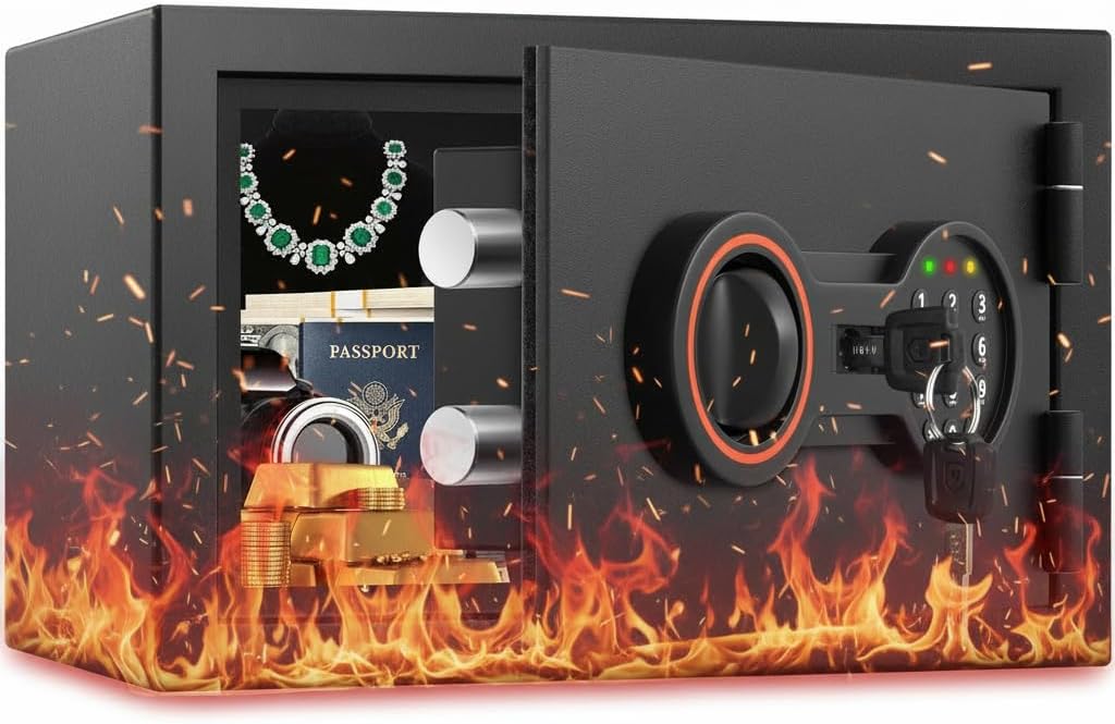 [2026 0.5H 1700°F] Small Fireproof Safe for Home, 14.8Lbs Heavy Duty Fire Safe Box for Office & Home Security, with Alarm System, Sensor LED Light, Wall Mountable, Mini Safes for Home Use