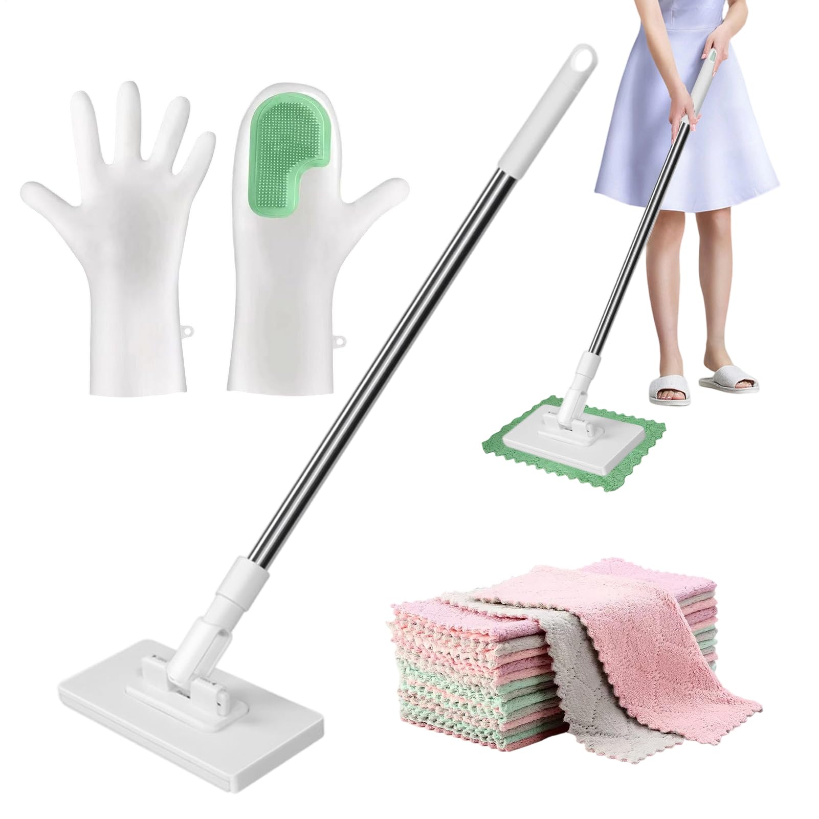 Juego de fregona con mango ergonómico a presión y limpiador lavable para el hogar