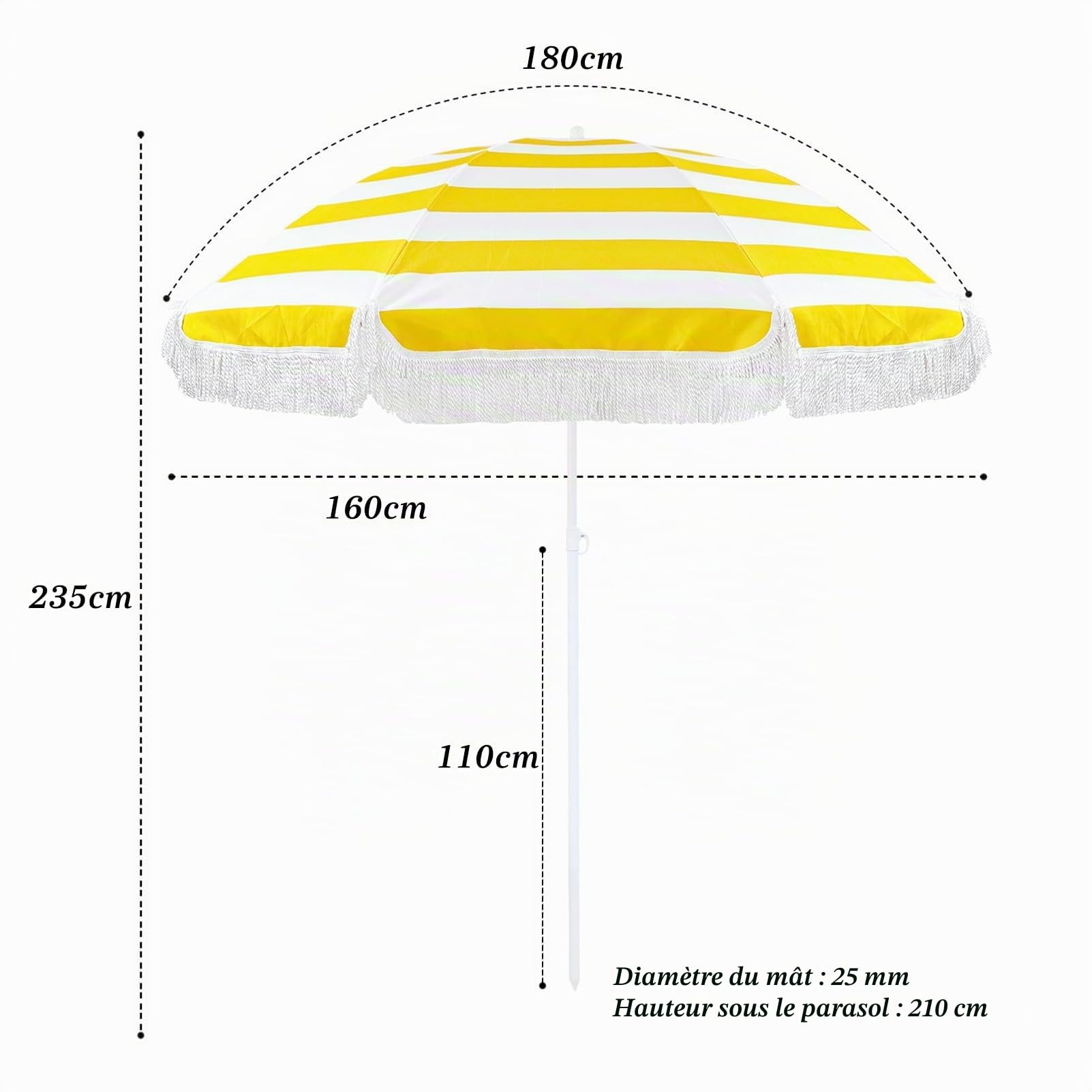 Parasol de Jardin Plage Anti UV 50+ 180cm Inclinable Frange Jaune Blanc Rayé Balcon Terrasse Extérieur