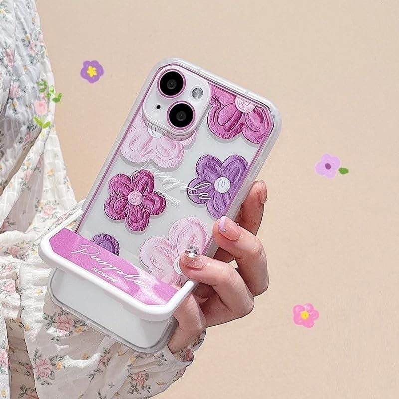 Image of COVERLY 3D Cute Creative Purple Flower Cartoon Oil Painting Floral Decor Wave Curly Edge Invisible Phone Table Stand Holder Grip Happy Aesthetic Cover Girly Charm Case for Apple iPhone 12 Pro (Purple)